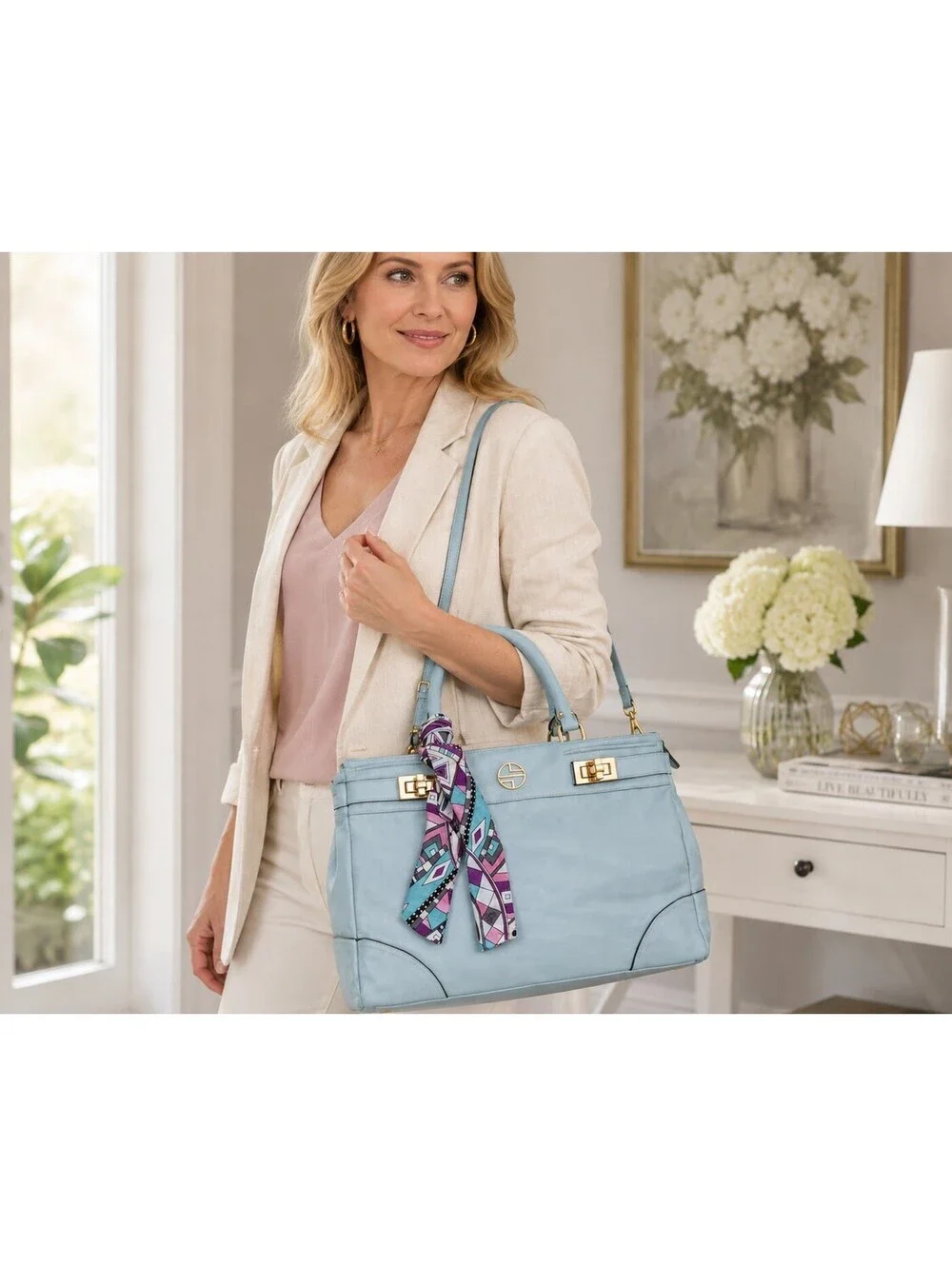 Segolene En Cuir Nadeen Powder Blue Leather Satchel Purse+Long Strap
